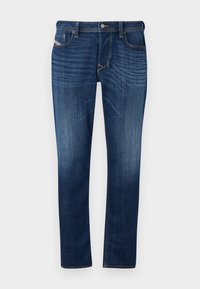 Jeans din denim de culoare albastră închise, cu croială dreaptă, având un design cu cinci buzunare, cusături vizibile și închidere cu un nasture metalic la talie.