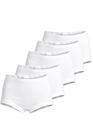 Fünf Paare von weißen Baumwollslips mit glatter Textur, mittlerem Schnitt und elastischem Bund. Einfaches, funktionales Design ohne Muster.