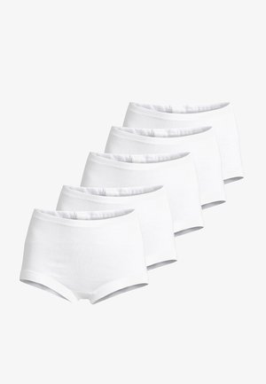 Cinque paia di slip bianchi in cotone, con una texture liscia, taglio a vita media e cintura elastica. Design semplice e funzionale senza motivi.