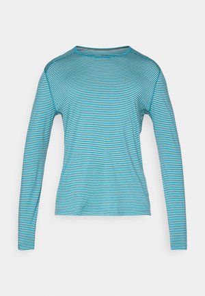 Long-sleeve shirt in turquoise with white horizontal stripes. Made from soft material, featuring a crew neckline and fitted design.