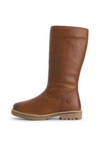 Bruine leren laarzen tot de knie met een textuurafwerking, ronde neus, zijnaad en een rubberen zool met een profiel voor goede grip.