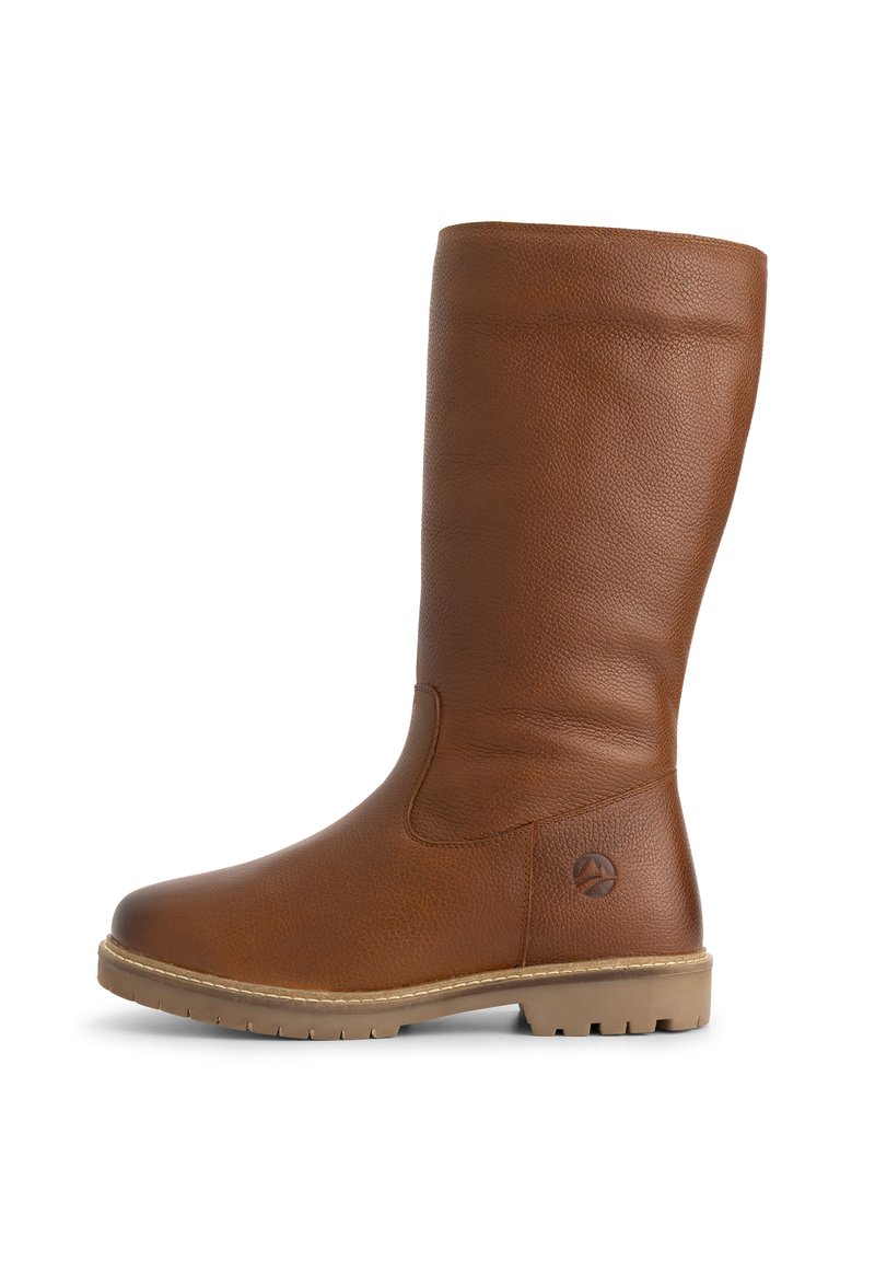 Bruine leren laarzen tot de knie met een textuurafwerking, ronde neus, zijnaad en een rubberen zool met een profiel voor goede grip.