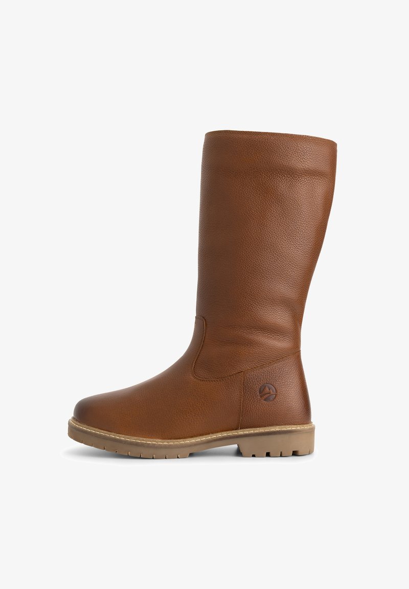 Bruine leren laarzen tot de knie met een textuurafwerking, ronde neus, zijnaad en een rubberen zool met een profiel voor goede grip.