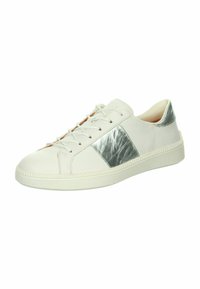 Weiße Leder-Sneaker mit einem strukturierten silbernen Akzent und Gummisohle, ausgestattet mit einem Schnürdesign und einem dezenten gesteppten Rand.