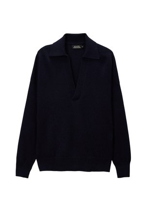 Pull en laine bleu marine avec un profond décolleté en V et un col, à manches longues et à coupe décontractée. Texture douce avec des bords côtelés aux manches et à l'ourlet.