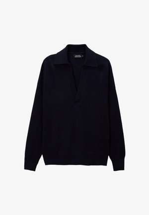 Pull en laine bleu marine avec un profond décolleté en V et un col, à manches longues et à coupe décontractée. Texture douce avec des bords côtelés aux manches et à l'ourlet.