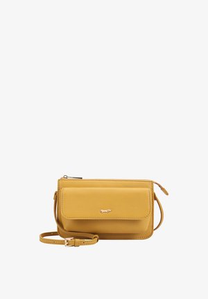 Sac bandoulière en cuir jaune avec poche avant à rabat, fermeture éclair couleur or, petit logo métallique et sangle ajustable avec boucle.