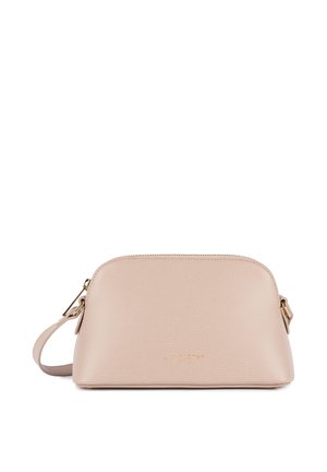 Kleine beige leren crossbodytas met textuur, ritssluiting en verstelbare band op witte achtergrond.