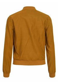 Hnědá bombarďácká bunda s texturovaným povrchem, žebrovaným límcem a manžetami, elastickým pasem a jednoduchým, nadčasovým designem.