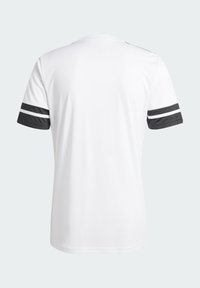 White athletic t-shirt with short black sleeves featuring two white stripes. Smooth fabric with a crew neckline and no visible branding.