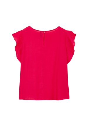 Blusa fucsia con maniche corte a volant e scollatura rotonda. Presenta una chiusura a occhio di pesce sul retro e un tessuto morbido e leggero.