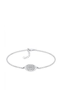 Silberne Kettenarmband mit einem ovalen Anhänger, der ein geometrisches Ausschnittmuster aufweist. Mit Karabinerverschluss und Verlängerungskette zur Anpassung.