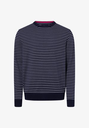 Dunkelblaues Strickpullover mit weißen horizontalen Streifen, Rundhalsausschnitt und gerippten Bündchen und Saum. Besitzt einen rosa Akzent am Hals.