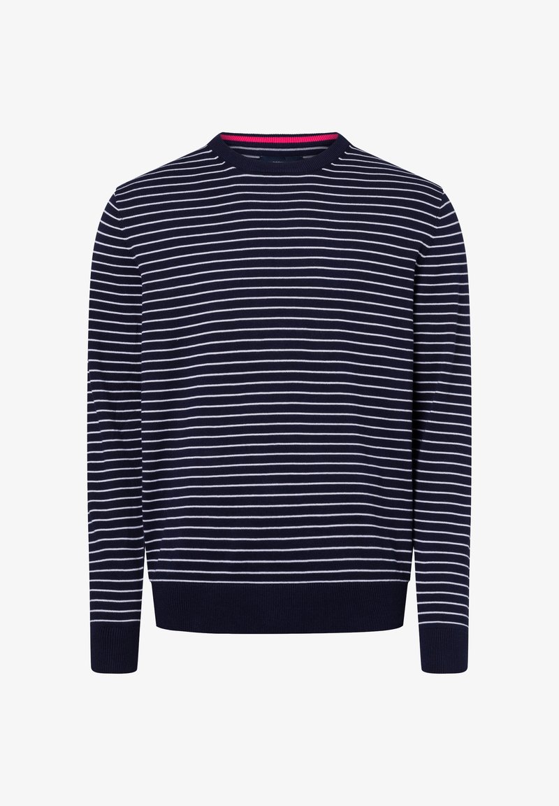 Pull en tricot bleu marine avec des rayures blanches horizontales, col ras du cou et poignets et ourlet côtelés. Présente un accent rose au niveau du col.