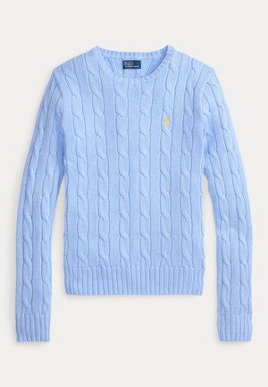 Ανοιχτό μπλε πουλόβερ με πλέξη καλτσοδέτας, μακρυμάνικο, με στρογγυλή λαιμόκοψη και μικρό κίτρινο λογότυπο Polo Ralph Lauren στο αριστερό στήθος.