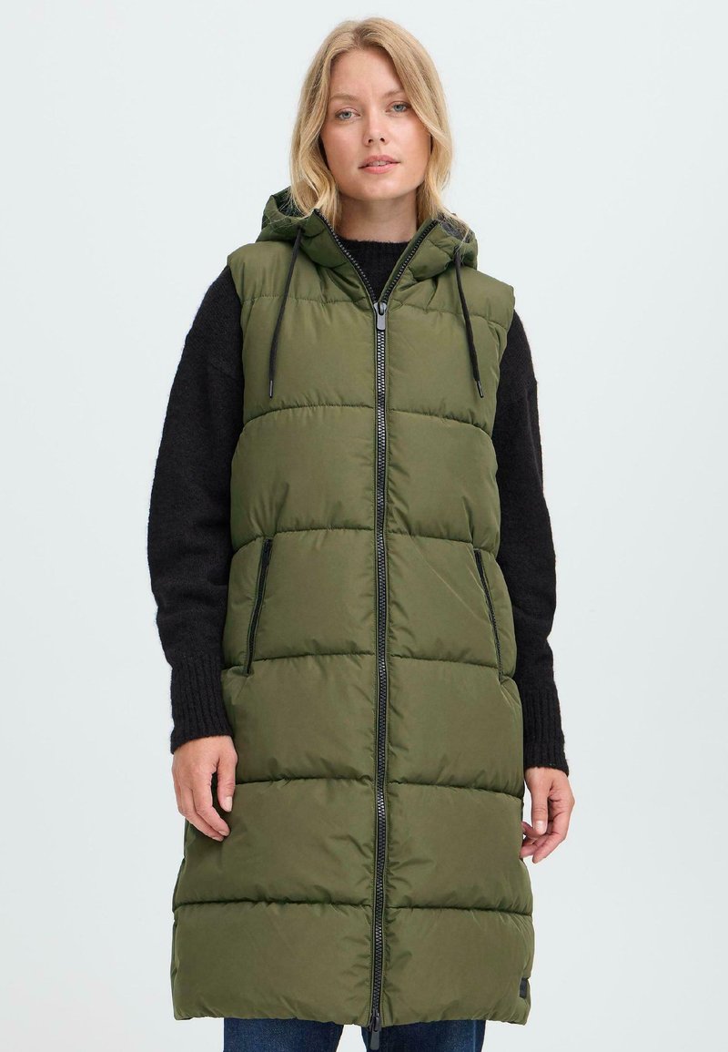 Grüne, ärmellose Daunenweste mit Kapuze, Frontreißverschluss und zwei Seitentaschen. Hat eine gesteppten Textur und verstellbare Zugbänder.