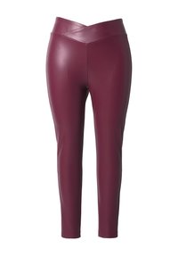 Bordowe legginsy z eco-skóry o gładkiej fakturze, z wysokim stanem i dopasowanym, zwężającym się kroju.
