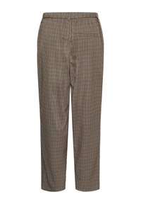 Pantalon à carreaux marron et noir avec taille élastique et une unique poche passepoilée arrière, montré de dos sur fond blanc.