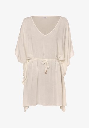 Tunika leggera in crema con scollo a V, maniche corte a batwing, cintura elastica e coulisse con accenti metallici. Sottile motivo testurizzato su tutta la superficie.