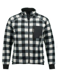 Schwarz-weißer karierter Fleece-Jacke mit hohem Kragen, vollem Front-Reißverschluss und einer linken Brusttasche mit schwarzem Reißverschluss.