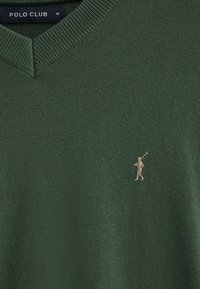 Grön v-neck tröja i mjukt stickat material, med en liten broderad tan golfspelare på vänster bröst och ribbad mudd längs halsringningen.