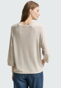 Maglione a maglia leggera beige con vestibilità rilassata, maniche raglan, polsini e orlo a coste, mostrato dal retro su uno sfondo chiaro.