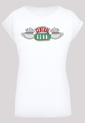 Biała koszulka z nadrukiem logo "CENTRAL PERK" w czerwonym i zielonym kolorze, z grafikami dwóch filiżanek kawy i parą po obu stronach. Krótkie rękawy.