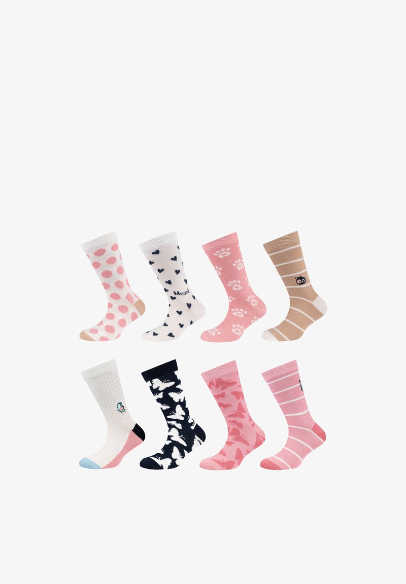 Acht kleurrijke enkelsokken met patronen zoals stippen, harten, pootafdrukken, strepen, vlinders en kleine geborduurde motieven.