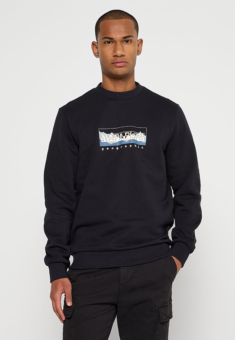 Zwarte crewneck sweatshirt van katoen, met een contrasterend grafisch logo in schakeringen van blauw en wit op de voorkant.