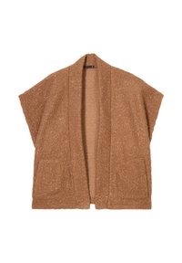 Brauner strukturierter Cardigan mit kurzen Ärmeln, offenem Vorderteil und zwei vorderen Taschen. Hergestellt aus einem gemütlichen, weichen Material mit leichtem Glanz.