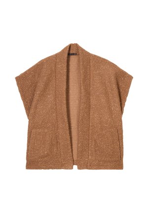 Cardigan marrone testurizzato con maniche corte, apertura frontale e due tasche anteriori. Realizzato in un materiale morbido e accogliente con una leggera lucentezza.