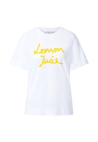 White cotton t-shirt with short sleeves, featuring a yellow handwritten-style print that says "Lemon Juice" across the front.