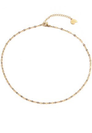 Feine goldene Halskette mit verlängerten ovalen Gliedern und einem verstellbaren Verschluss, der in einem kleinen spiralförmigen Muschel-Anhänger endet.