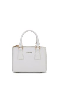 Piccola borsa bianca realizzata in materiale sintetico testurizzato, con due manici corti, dettagli in metallo dorato e chiusura con zip.