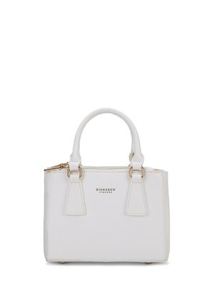 Piccola borsa bianca realizzata in materiale sintetico testurizzato, con due manici corti, dettagli in metallo dorato e chiusura con zip.