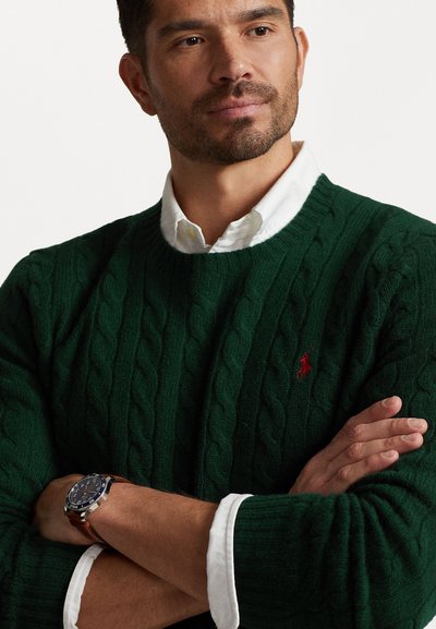 Suéter verde de punto trenzado con cuello acanalado, llevado sobre una camisa blanca con cuello. Presenta un pequeño logo rojo en el pecho y una textura de tela.