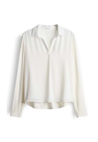Helle elfenbeinfarbene Bluse mit langen Ärmeln aus glattem Material, mit einem kragenförmigen Ausschnitt und einer dezenten V-Öffnung, sowie einem leicht abgerundeten Saum.