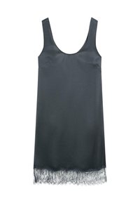 Black satin camisole with a scoop neckline, featuring a scalloped lace trim at the hem. Smooth texture and sleeveless design.