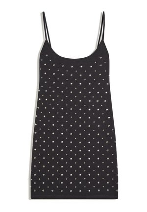 Sort ærmeløs minikjole med tynde stropper, dekoreret med jævnt fordelte små sølvnitter på fronten.