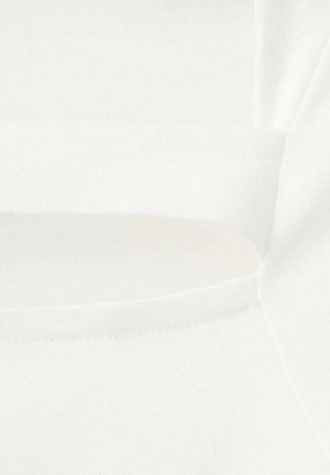 Valkoinen, pehmeän tuntuinen kangas, jossa on pyöreä pääntie ja sivussa avoin leikkaus. Reunojen saumaukset näkyvät.