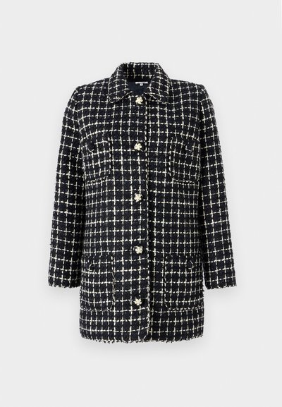 Navy and white check-patterned blazer made of textured fabric, featuring a collar, long sleeves, front pockets, and decorative buttons.