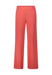 Coral wide-leg trousers with an elastic waistband. Smooth, lightweight fabric with a flat front and no visible pockets.