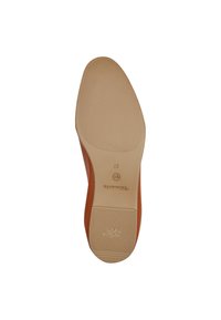 Scarpa in pelle marrone con una superficie liscia e punta arrotondata. La suola è di un beige chiaro con dettagli a righe e marchio. Taglia 37.