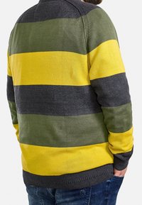 Pull-over tricoté avec des rayures horizontales jaunes, vertes et gris foncé. Poignets et ourlet côtelés, texture moyenne, design décontracté.