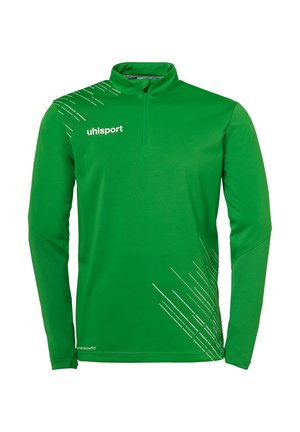 Grøn, langærmet sports T-shirt med halv-lynlåskrave. Har hvide diagonale linjemønstre og "uhlsport"-logo på forsiden.