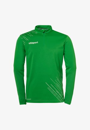 Grøn, langærmet sports T-shirt med halv-lynlåskrave. Har hvide diagonale linjemønstre og "uhlsport"-logo på forsiden.