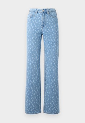 Lyseblå vide jeans i denim med et blomsterprint i en lysere nyanse. Høyt liv-design med standard lommeutforming.