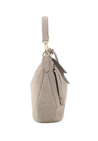 Beige suede handbag with a rounded shape, a short handle, and a zippered pocket detail on the side. Gold hardware accents are present.