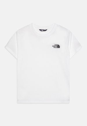 White cotton t-shirt with a crew neckline and short sleeves. Features a black logo on the left chest. Smooth texture, straight hem.