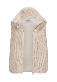 Faux-Fur-Weste in hellbeige mit offenem Vorderteil, hohem Kragen und glatter Innenseite. Verfügt über einen Reißverschluss und ein weiches, strukturiertes Äußeres.